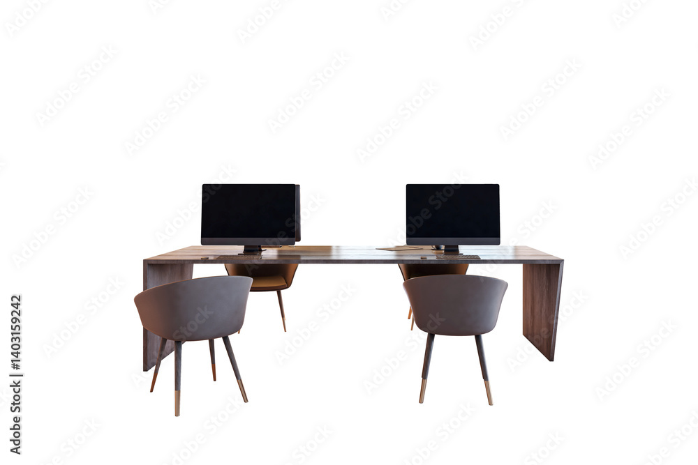 Poster Contemporary office desk with two computers and four chairs, realistic style, isolated on white background. Concept of teamwork layout. 3D Rendering.