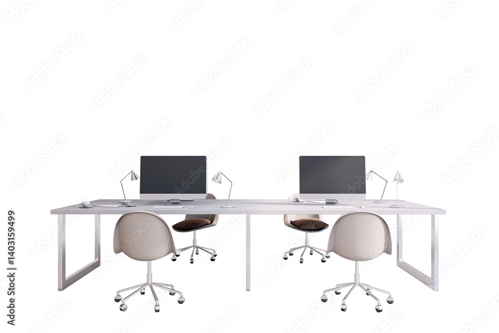 Poster office desk layout with four chairs, desktop computers, lamps, and accessories in clean modern style