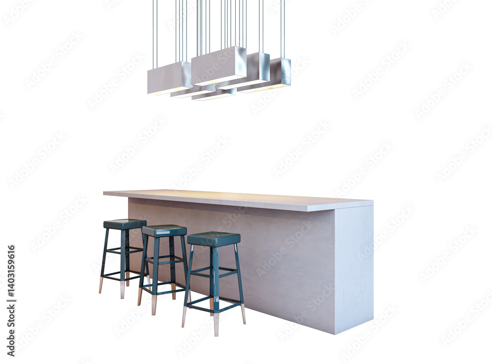 Poster minimalist kitchen island with three stools and modern pendant lights, clean style on white backgrou
