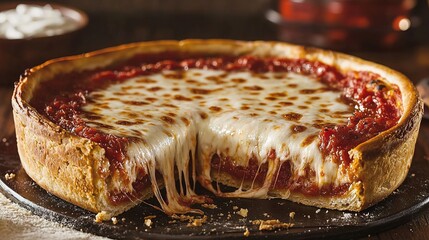 Deep dish pizza delight chicago style food photography cozy kitchen setting overhead perspective