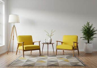 Bright living room with yellow chairs a patterned rug and a floor lamp against a white wall