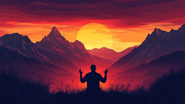 Silhouette man praying mountains sunset nature landscape travel adventure scenic view sky outdoors wallpaper 4k 8k uhd