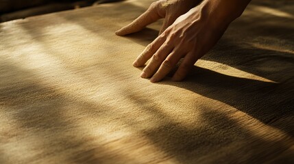 Carpenter sanding wood to create smooth furniture surface. Featuring craftsmanship and attention to detail