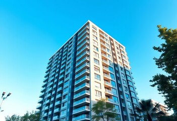 Fototapeta premium Sleek modern apartment building against vibrant blue sky, elevation, urban