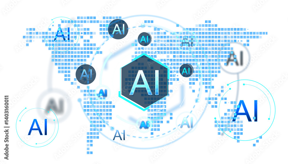 Fototapete Abstract AI symbol elements over a dotted world map layout, digital theme, isolated on white background, concept of global artificial intelligence. 3D Rendering.