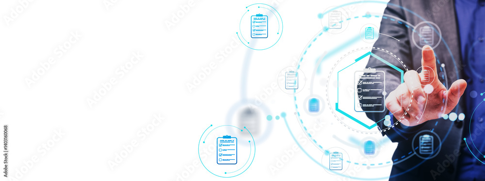 Aufkleber businessman interacting with digital checklist interface, futuristic abstract style, on white backgr