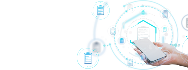 Hand of a person holding smartphone, surrounded by digital checklists in a futuristic layout, on light background, concept of smart form processing