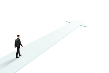 Businessman walking on a large upward arrow, light graphic style, white background, concept of future vision and leadership growth