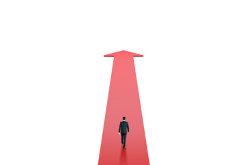 Businessperson walking forward on a giant red arrow, minimalistic style, white background, concept of growth, success, and leadership