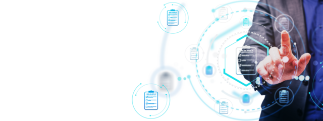 Businessman interacting with digital checklist interface, futuristic abstract style, on white background, concept of innovation and user interface