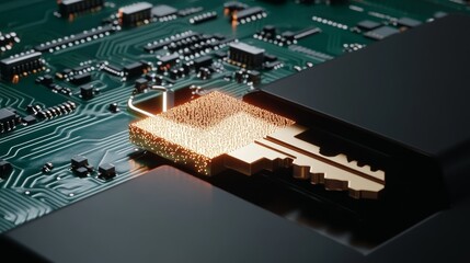 Digital security key placed on computer circuit board highlighting technology and innovation in data protection