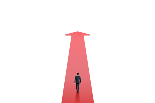 Businessperson walking forward on a giant red arrow, minimalistic style, white background, concept of growth, success, and leadership