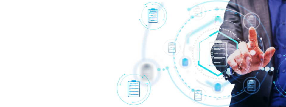 Businessman interacting with digital checklist interface, futuristic abstract style, on white background, concept of innovation and user interface - Powered by Adobe