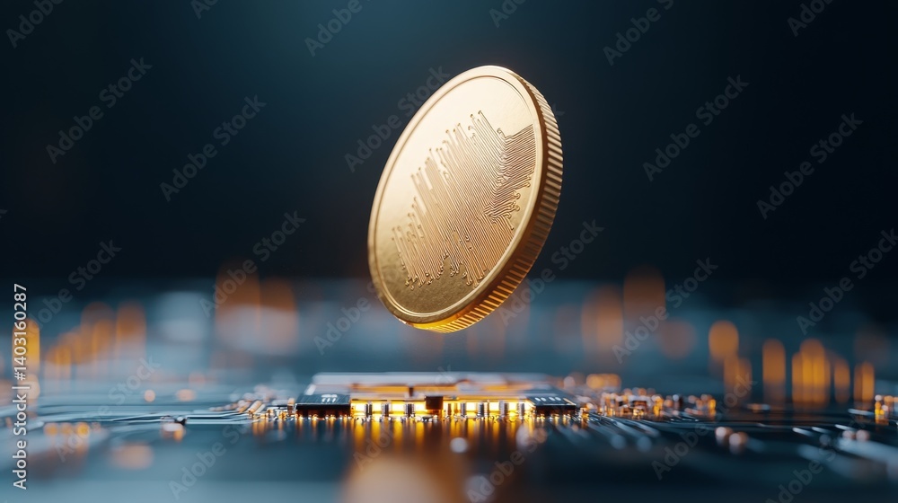 Poster golden cryptocurrency coin floating above a circuit board with glowing elements in a futuristic digi
