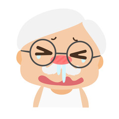 
Vector cartoon illustration of old man with cold, sneezing, feeling unwell, isolated white background. Grandfather with flu, sneezing, allergies, elderly people with allergies sneezing