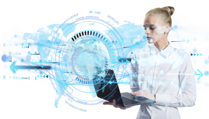 Female businessperson with laptop and digital hologram of global data interface, isolated on white background, concept of modern technology