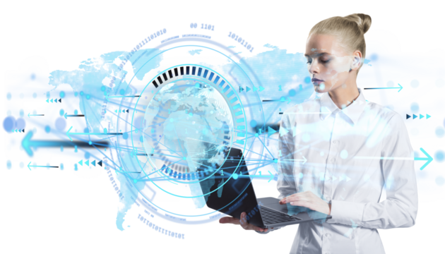 Female businessperson with laptop and digital hologram of global data interface, isolated on white background, concept of modern technology