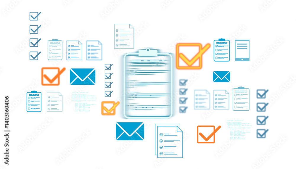 Poster Multiple checkmarks, clipboards, envelopes, and task lists in a digital interface style on white background. Concept of approval, success, validate. 3D Rendering