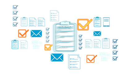 Multiple checkmarks, clipboards, envelopes, and task lists in a digital interface style on white background. Concept of approval, success, validate. 3D Rendering