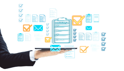 Businessman hand holding tablet with digital checkmark icons, clipboards, and documents on bright white background, concept of virtual approval