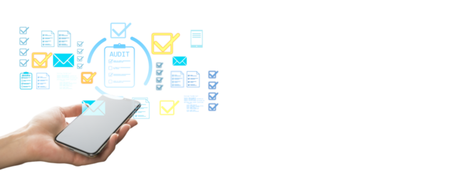 Hand holding smartphone with digital audit checklist, documents, and email icons on white background, concept of mobile interface and productivity