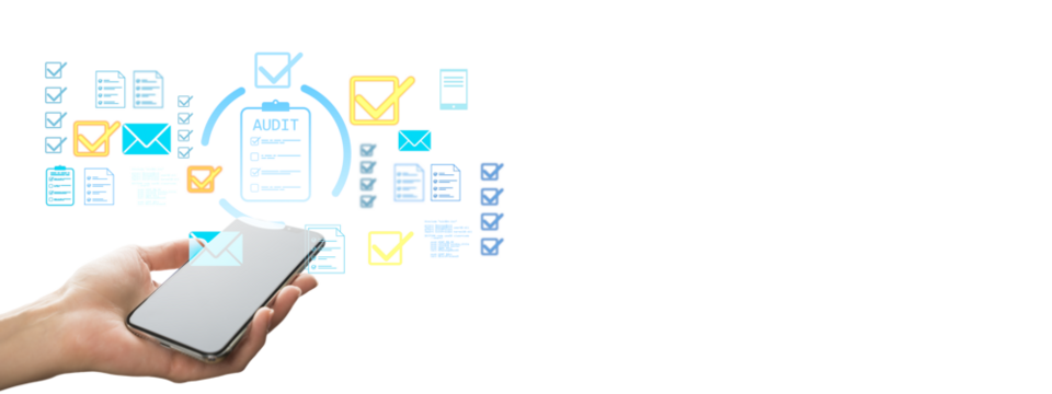 Hand holding smartphone with digital audit checklist, documents, and email icons on white background, concept of mobile interface and productivity