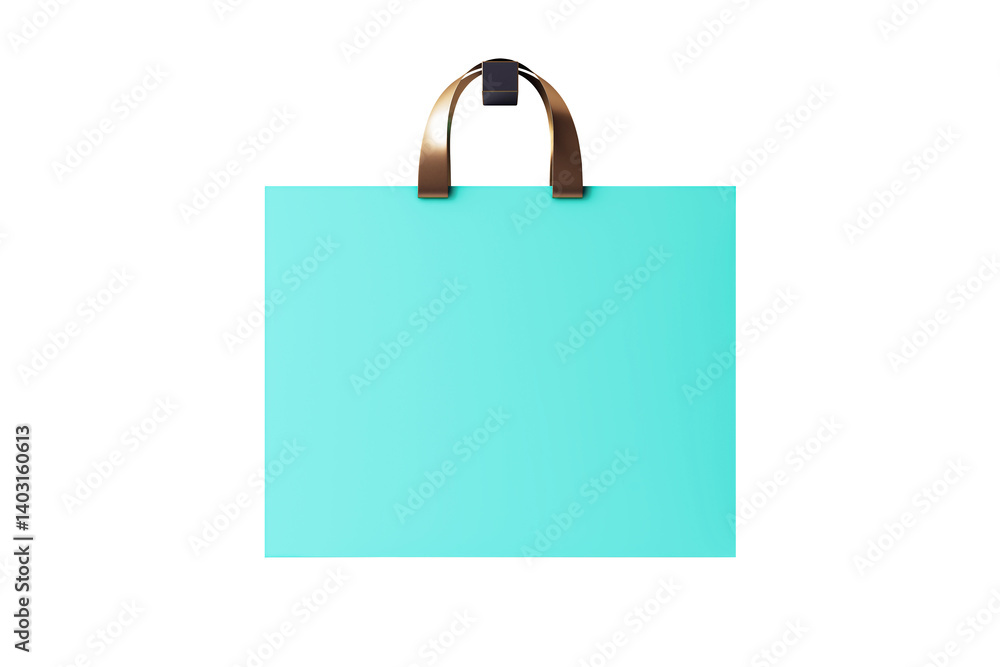 Poster turquoise shopping bag with glossy brown handles, clean minimal style, isolated on white background.