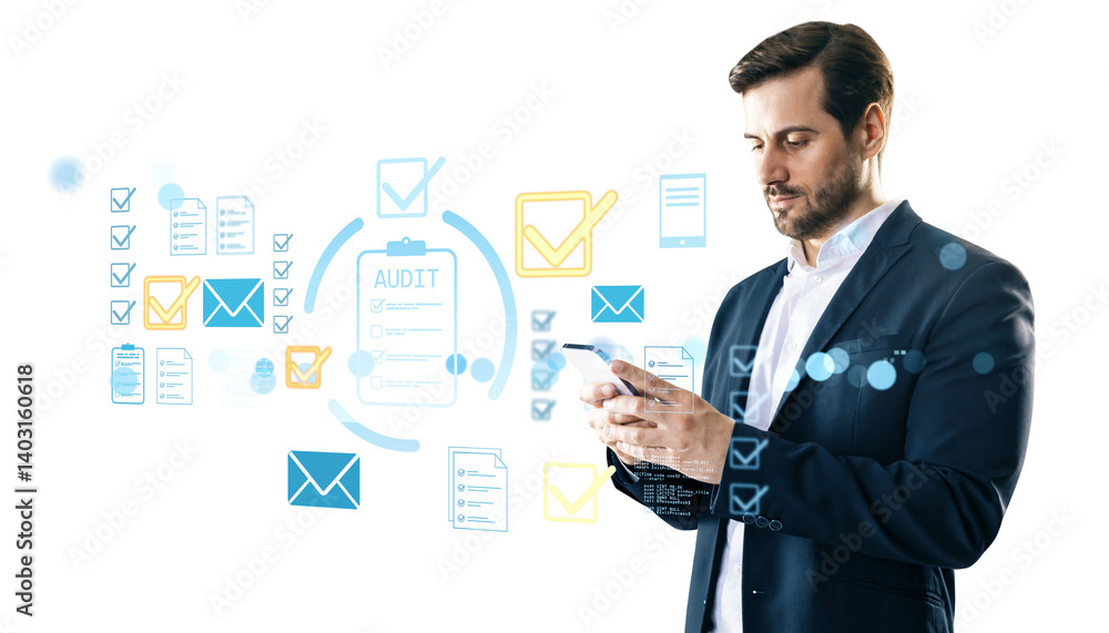 Poster businessman interacting with digital audit icons and email graphics, light modern style, on white ba