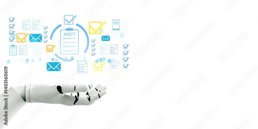 Poster Robotic hand under digital audit icons with checkmarks, email, and files on white background. Concept of automation, validation, and success. 3D Rendering