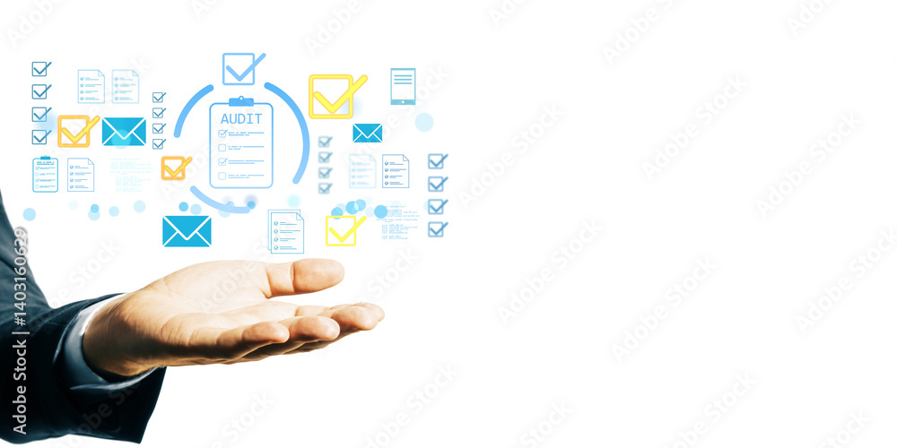 Poster businessman hand holding digital audit checklist icons with checkmarks, documents, and email symbols