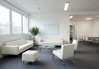 A waiting room with white sofas chairs and a table next to a conference room with a long table