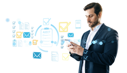 Businessman interacting with digital audit icons and email graphics, light modern style, on white background, concept of workflow and data verification