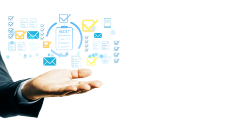 Businessman hand holding digital audit checklist icons with checkmarks, documents, and email symbols on a clean white background, concept of validation