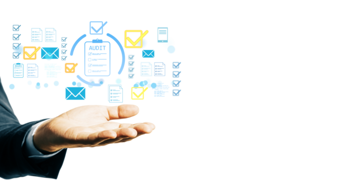 Businessman hand holding digital audit checklist icons with checkmarks, documents, and email symbols on a clean white background, concept of validation