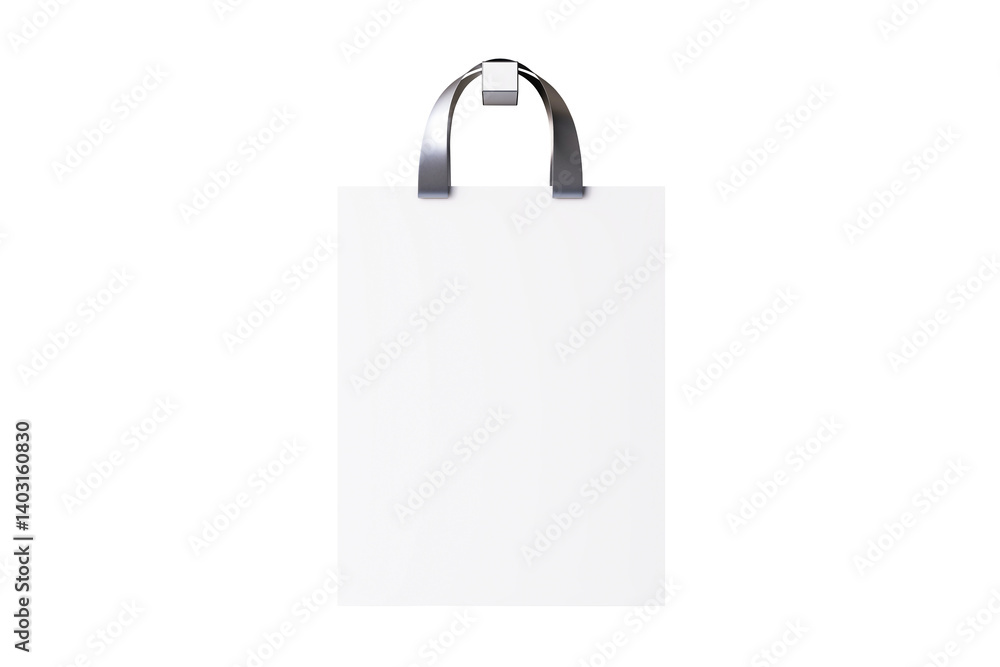 Poster Empty white shopping bag with shiny metallic handles isolated on transparent background, clean mockup template for branding and design. 3D Rendering