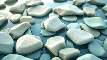 A tranquil scene featuring smooth, light-colored stones scattered across a calm water surface, reflecting natural beauty and serenity.