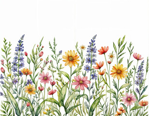 Watercolor wildflowers border banner for stationary, greetings, etc. floral decoration. Hand drawing.