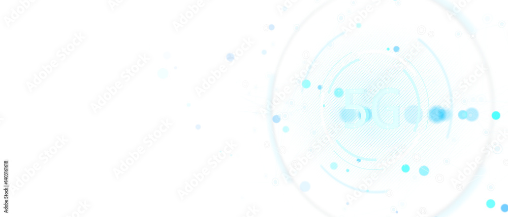 Poster 5G digital interface with abstract circular elements and data dots in light blue tones on white background, concept of modern wireless technology, 3D Rendering
