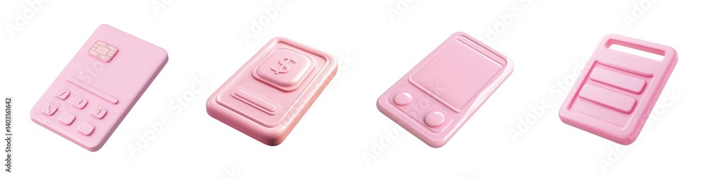 Poster collection of pink electronic devices with various designs and styles displayed side by side