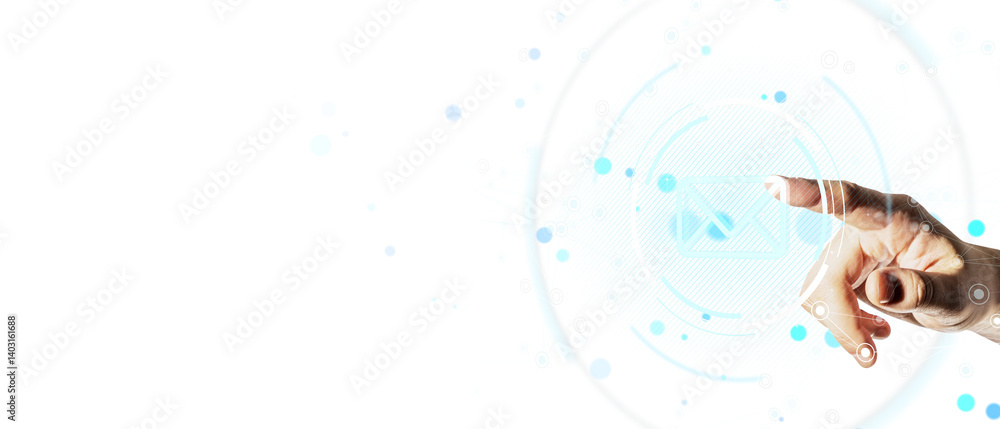 Poster Closeup hand of person tapping email icon on transparent digital interface with light tech elements on white background, concept of communication