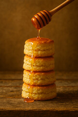 A tall stack of warm biscuits with golden honey being drizzled over the top, and a wooden honey dipper in frame