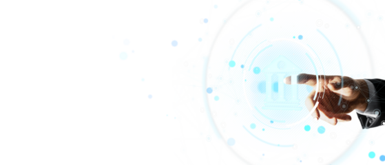 Businessperson hand touching digital banking icon, modern light graphic style, on a clean white background, concept of fintech and innovation