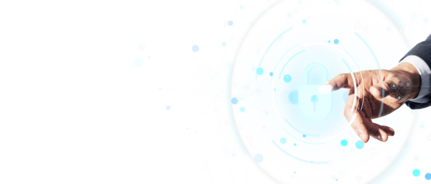 Businessperson's hand interacts with digital lock interface, light graphic style on white background, concept of cybersecurity and protection
