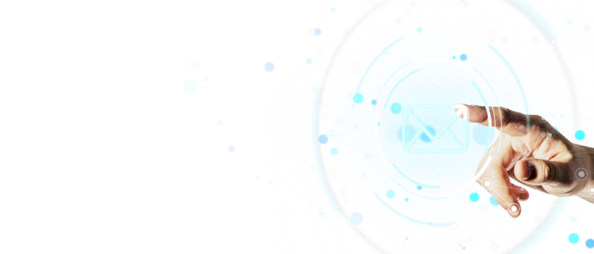 Closeup hand of person tapping email icon on transparent digital interface with light tech elements on white background, concept of communication - Powered by Adobe