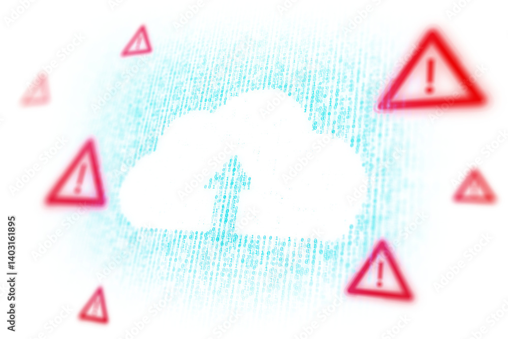 Leinwandbilder Cloud upload symbol made of binary code with red warning signs, light abstract style on clean white background, concept of digital data danger, 3D Rendering