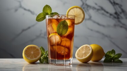 Fototapeta premium Glass of iced tea with lemon and mint