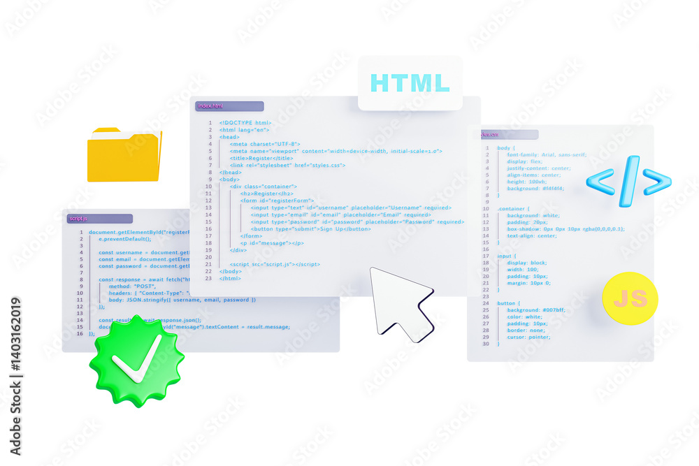 Leinwandbilder 3D Rendering showing HTML, CSS, and JavaScript code snippets with UI elements, clean isolated layout on white background for programming concept