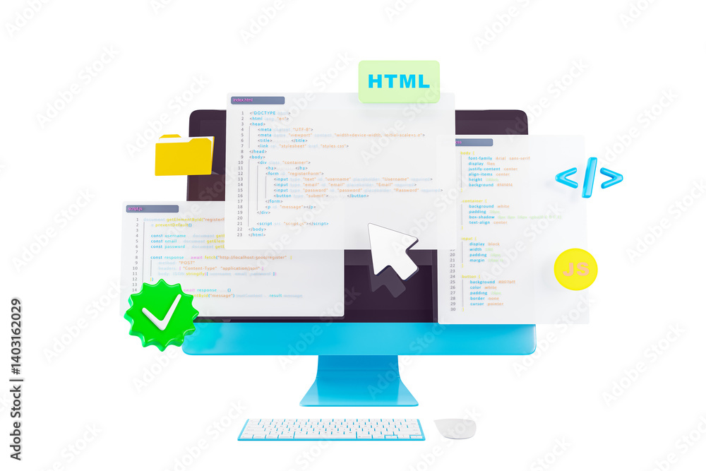 Aufkleber Programming code interface with HTML, JS, and UI elements on a digital screen layout, light graphic style on clean white background. 3D Rendering
