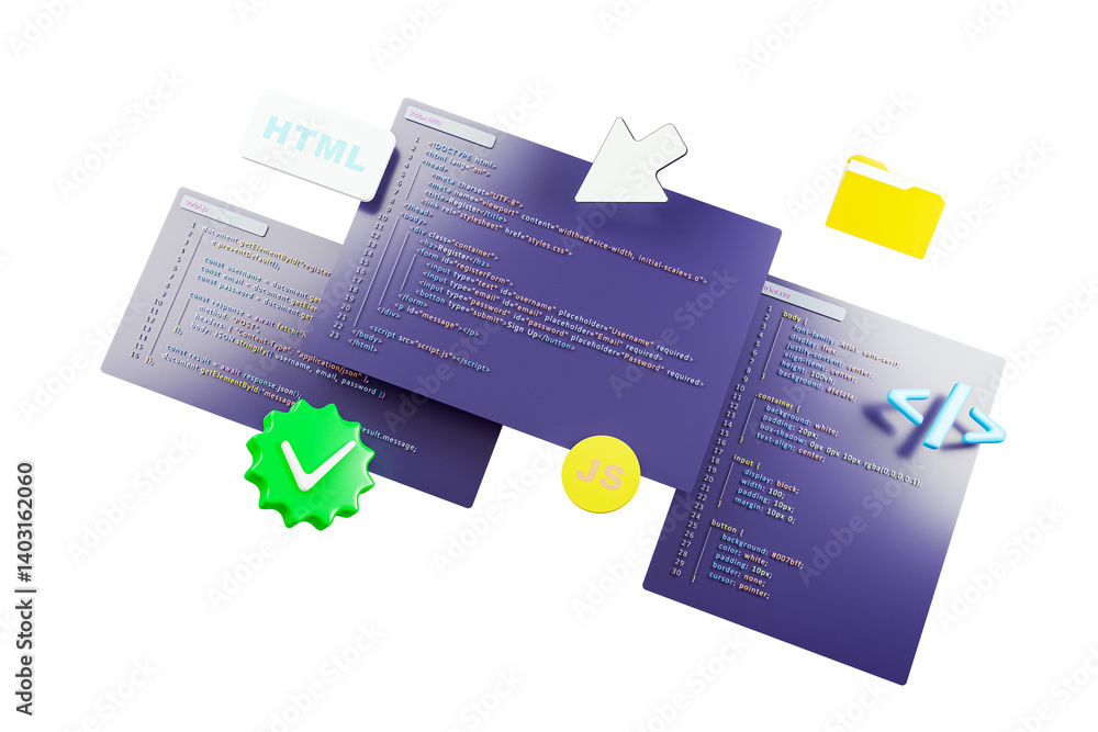 Aufkleber Colorful HTML, CSS, and JavaScript code snippets with coding symbols and design elements on a clean white background. Concept of software development. 3D Rendering