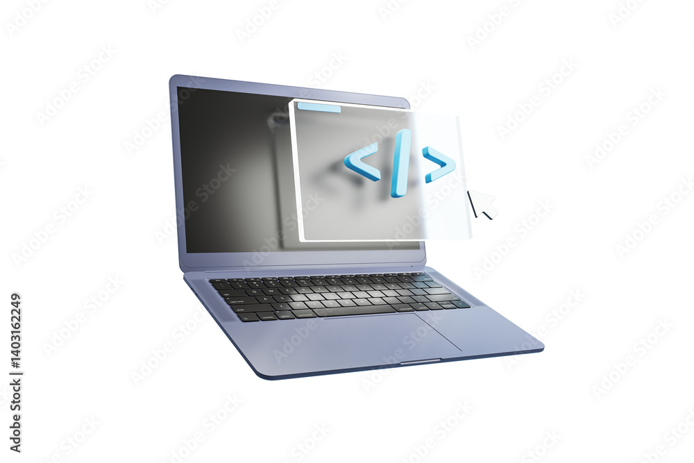 Aufkleber Open laptop with floating code window symbol, clean 3D Rendering style, isolated on white background. Concept of coding, software, and web design